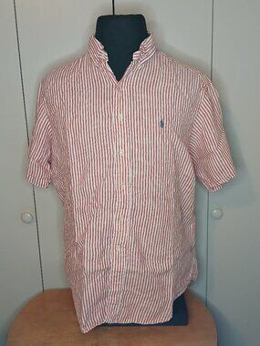 Ralph Lauren Classic Fit XL Linen Red White Striped Short Sleeve Shirt (0867A)